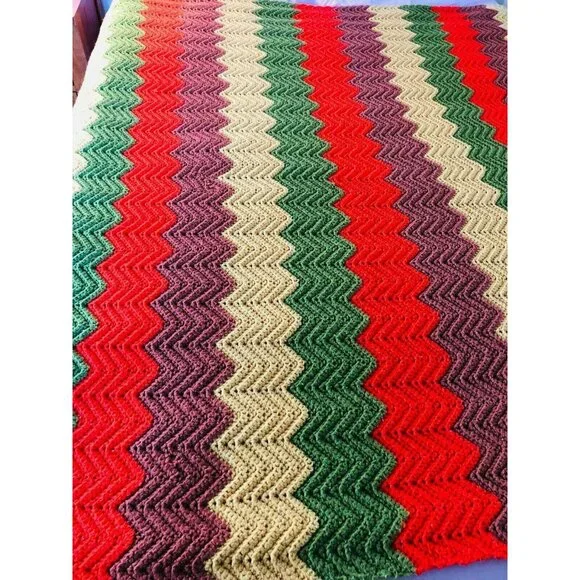 Crocheted Afghan Chevron Pattern VTG 70's Green Yellow Orange Brown Handmade